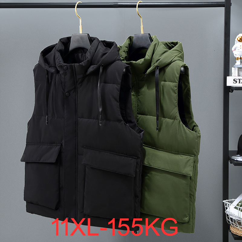 

Men s Vests Plus Size 10XL 11XL Jacket Winter Waterproof Warm Sleeveless Men Fashion Hooded Casual Thicken Waistcoat 230225, Black