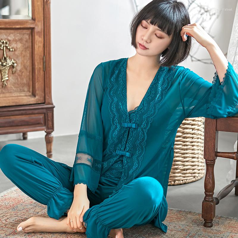 

Women's Sleepwear Sexy Patchwork Lace Perspective 3pcs Pajamas Set Women Spring Summer Cardigan Cami Trouser Suits Casual Home Clothes, 3pcs set blue