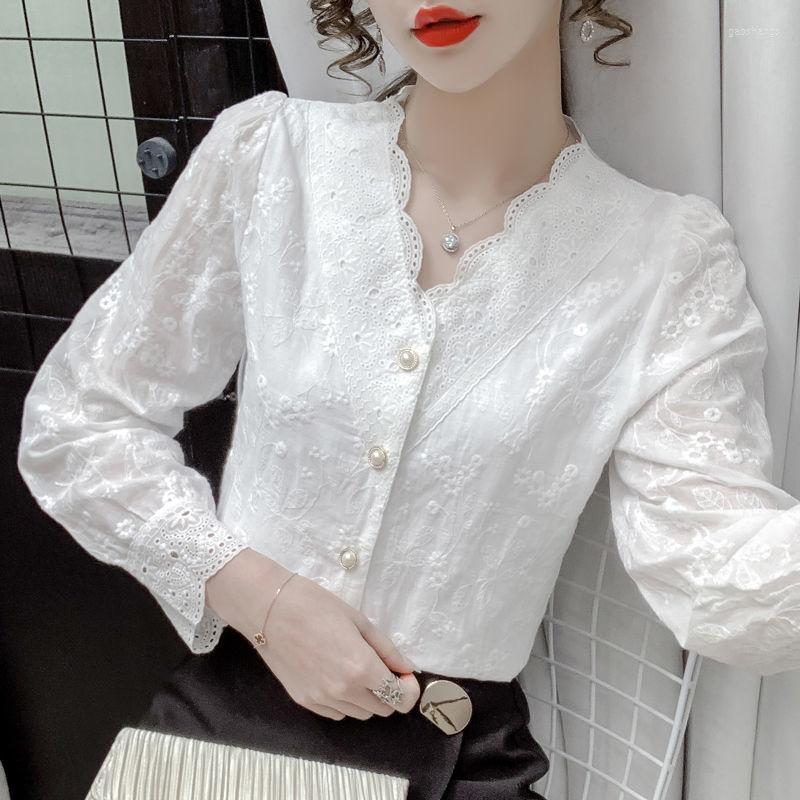 

Women' Blouses Blouse 2023 Autumn Long Sleeve V Collar Thorn Embroidered White Shirt Female Olig Small Method Top Super Immortal