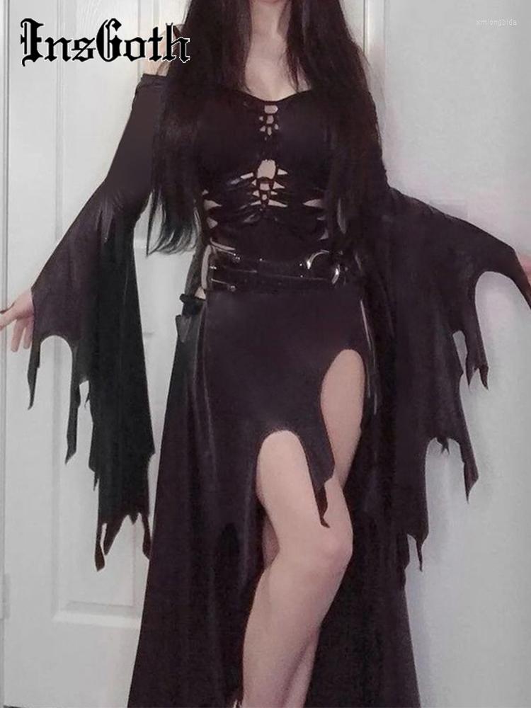 

Casual Dresses InsGoth Y2K Ripped Cutout Midi Dress Off Shoulder Irregular Hem Patchwork Solid Punk Fairy Retro Streetwear Goth Sexy, Black