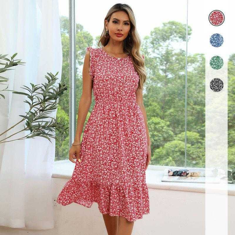 

Summer Vacation Floral Skirt Sleeveless Printed Slim Dress, Royal blue