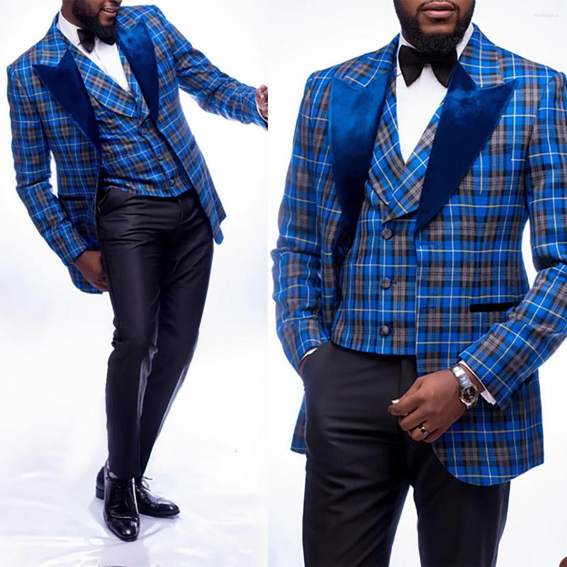 

Men's Suits Blue Plaid Men 2 Pieces Blazer Vest Black Pants Single Breasted Velvet Lapel Wedding Formal Work Party Causal Tailored