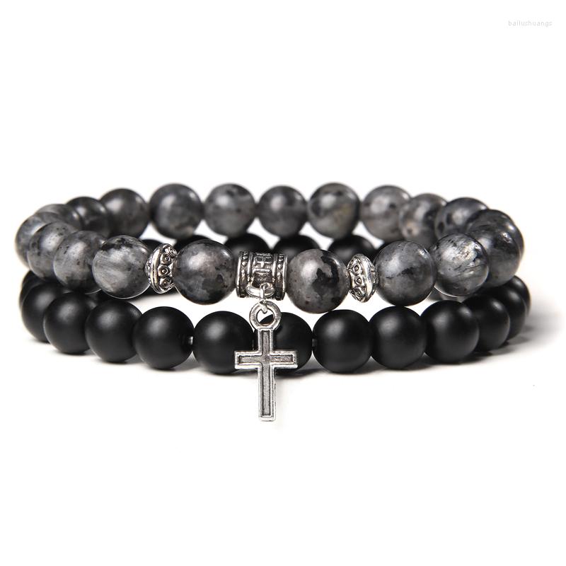 

Strand Cross Bracelet Blessing Jewelry Men Natural Healing Energy Labradorite Black Matte Onyx Stone Beads Bracelets Stretch Women Gift