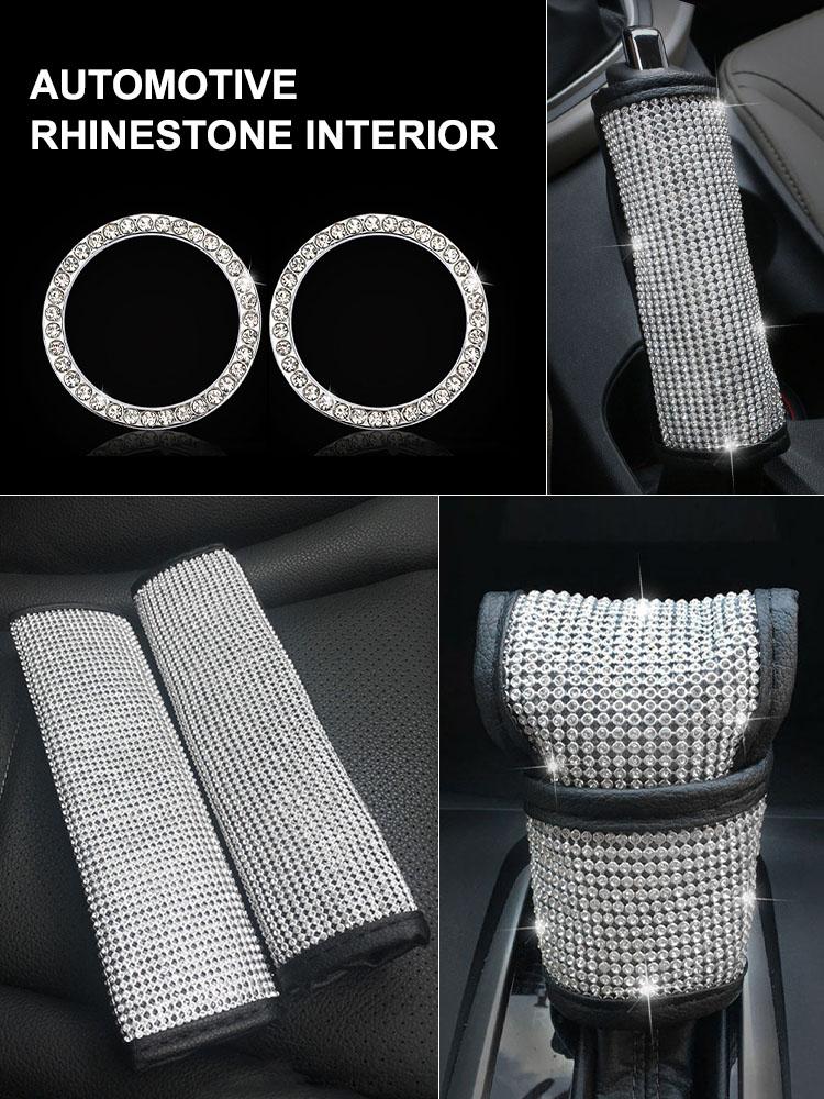 

Steering Wheel Covers 6pcs Shiny Car Interior Set For Women Bling Rhinestone Kit Seat Belt Cover Handbrake Gear Shift Engine Start Button Ri