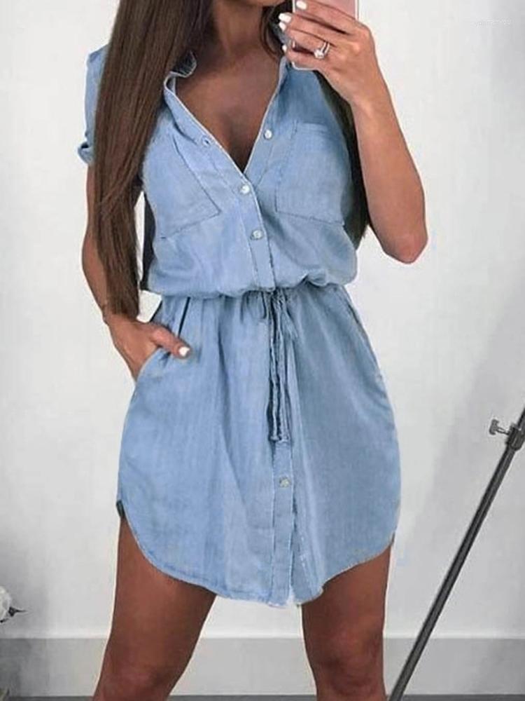 

Party Dresses Elegant Women' Casual Short Sleeve Denim Dress Button Down Collar Belted Jean Shirtdress With Pockets Summer 2023, Light blue