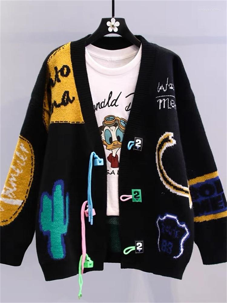 

Women's Knits Hsa Y2K Winter Clothes For Women V Neck Hand Painted Long Sweater Cardigans Cartoon Tattoo Chic Streetwear Korean Top, Hf22293 black
