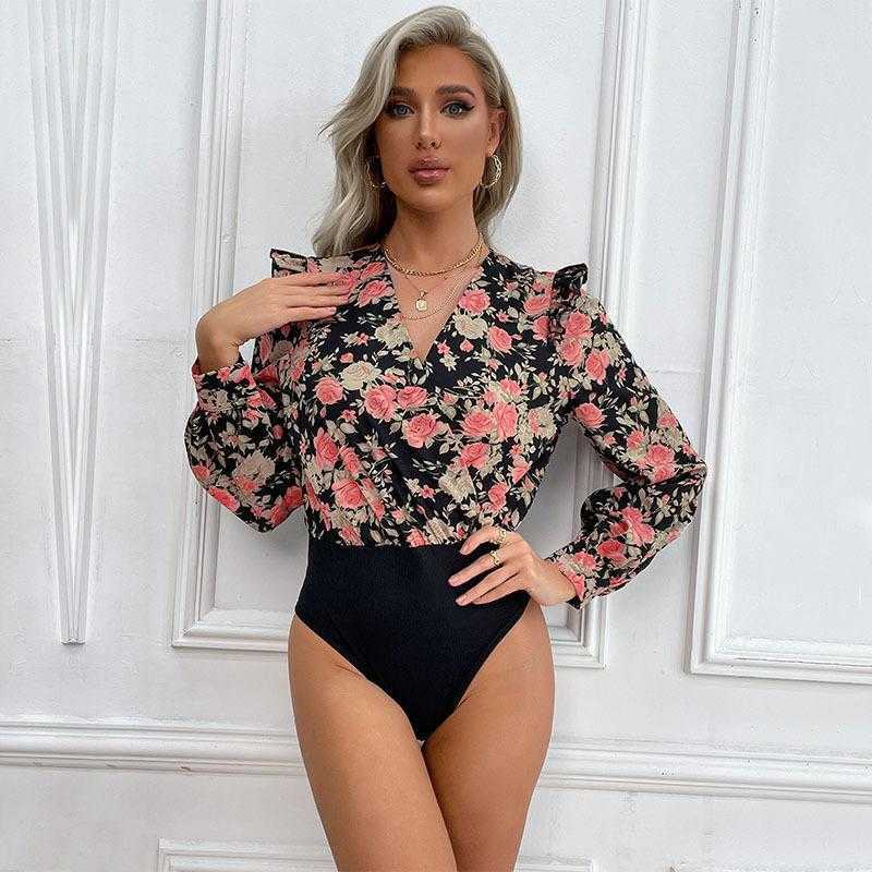

Fashion Womens Romper Wear Spring Patchwork Printed Long Sleeve Jumpsuit, Black2
