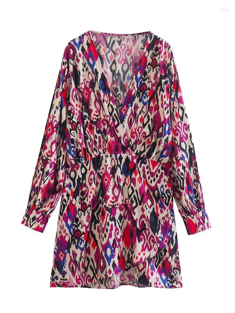 

Casual Dresses MESTTRAF Women 2023 Fashion With Ruffled Printed Wrap Mini Dress Vintage Long Sleeve Side Zipper Female Vestidos Streetw, Picture shown