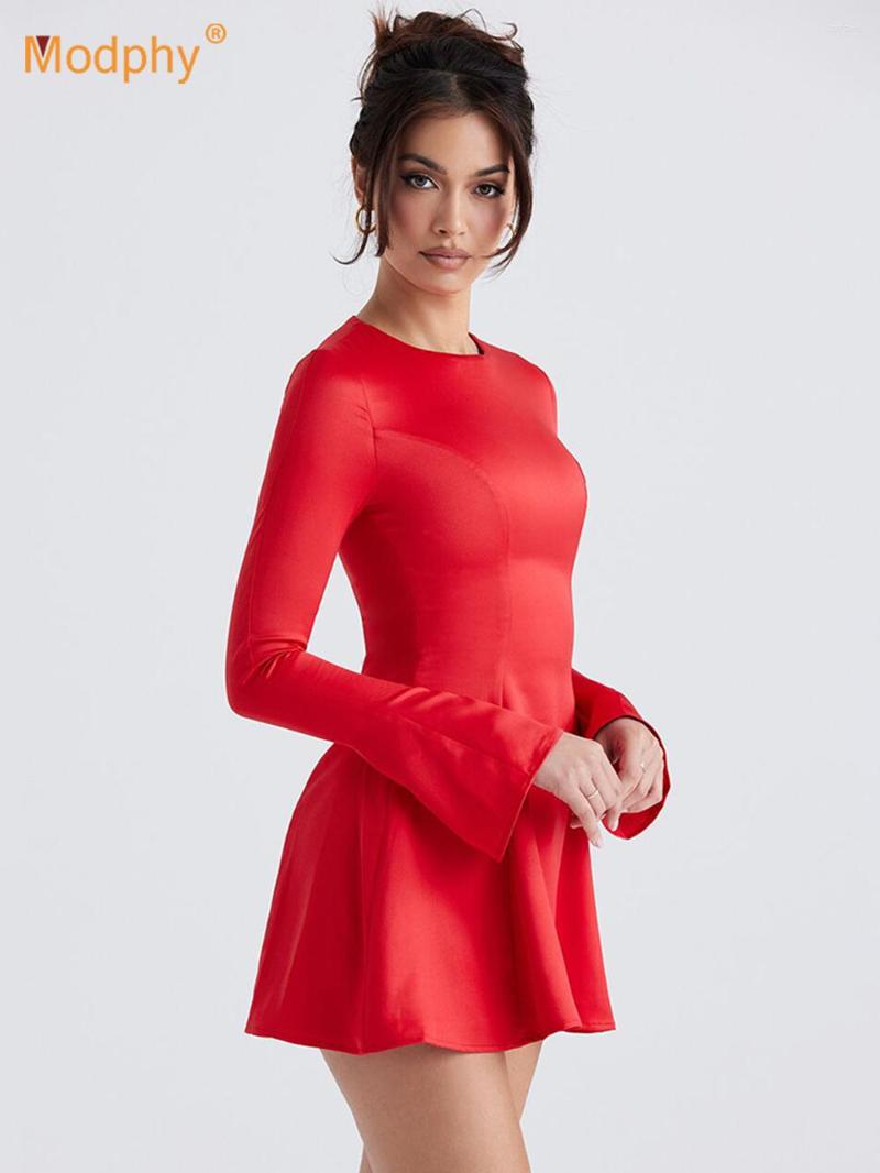 

Casual Dresses Modphy Elegant Solid Dress For Women Long Sleeve Bottoming A-line Red Christmas Party O-Neck Girl Vestido