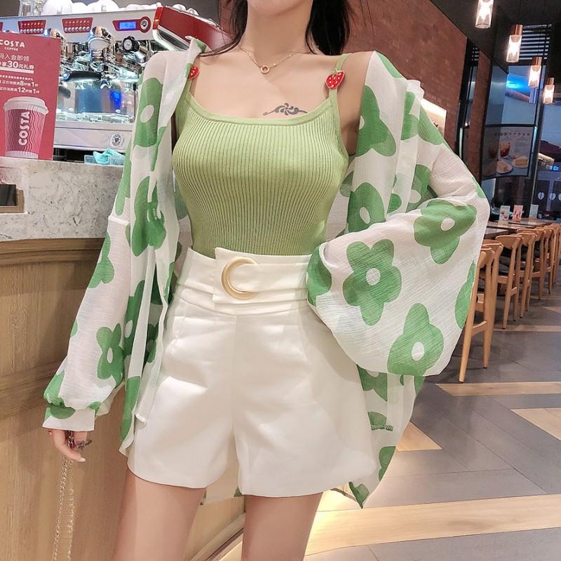 

Women' Tracksuits Summer Fashion Outfits Female Knitted Sling Tops Long Sleeve Floral Chiffon Sunprevent Clothes Wide Leg Shorts 3 Piece, Photo color
