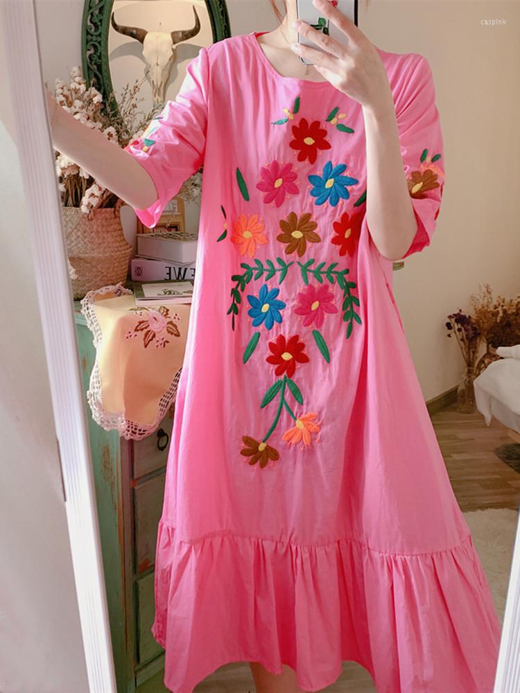 

Party Dresses Summer Spring Women Bohemian Mori Girl Sweet Oversize Midi Korean Cute Casual Loose Embroidery Cotton Long Dress, Rose pink.