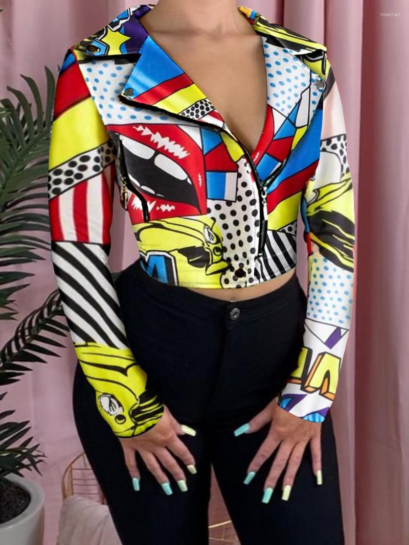 

Women' Jackets Autumn Winter Handsome Printed Lapel Jacket Women Turn Down Collar Longsleeve Zippere Extra Short Tops, Red