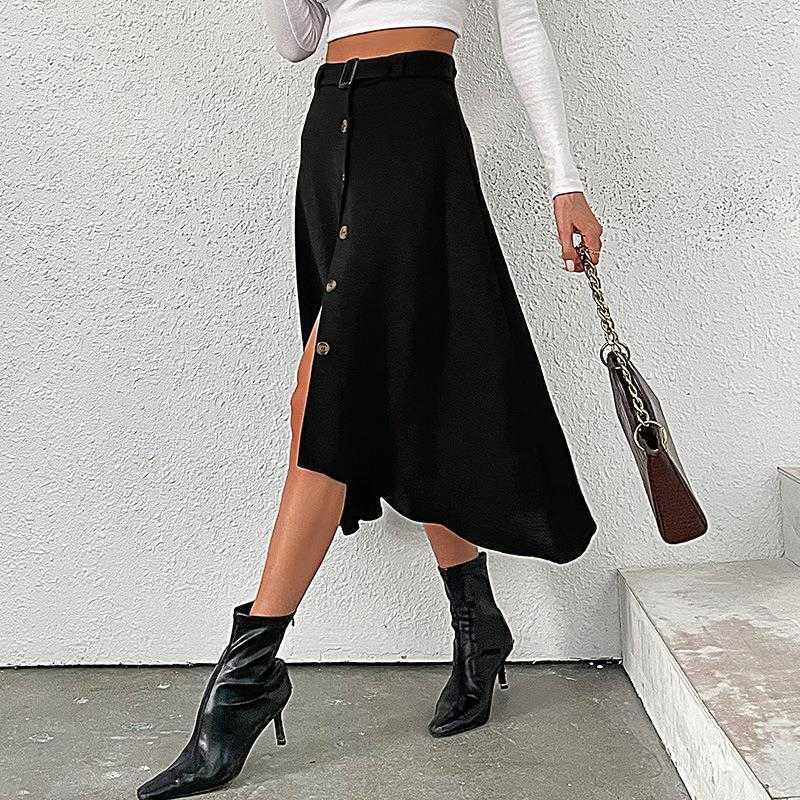 

Autumn Womens Commuter Large Swing Skirt Button Empire Irregular, Black
