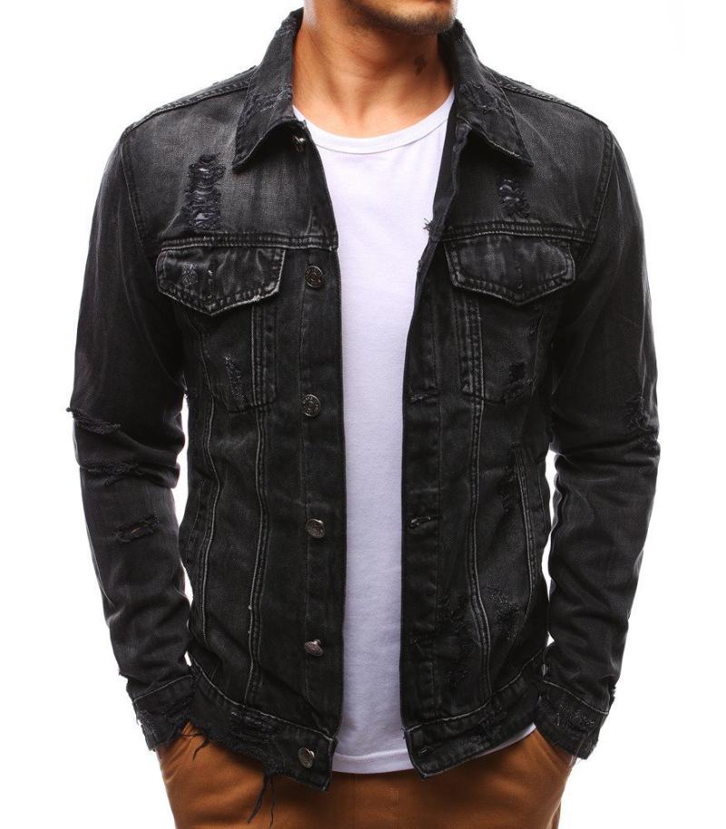 

Men's Jackets Denim Ripped Jacket Cotton Men Casual Solid Color Lapel Single Slim Fit Quality JacketsMen's, Black