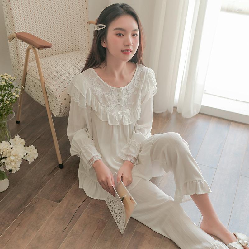 

Women's Sleepwear Women Pajamas Set Homewear Soft Lounge Wear 2PCS Shirt&Pants O-Neck Pyjamas Suit Cotton Home Clothes Loose Intimate, White