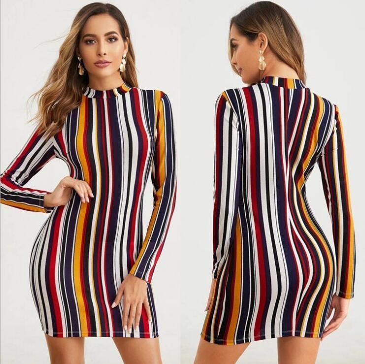 

Casual Dresses Women Dress 2023 Spring O-Neck Long Sleeve Striped Female Fashion Slim Sexy Ladies Party Work Office Min, Picture shown