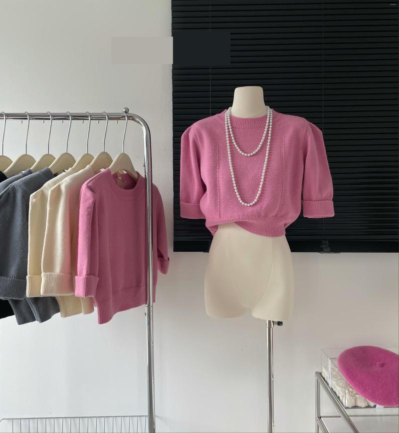 

Women's Sweaters Women's Korean Style Puff Sleeve Knitted T Shirt Summer Autumn Streetwear O Neck Half Short Sweater Lady Pullover, Black