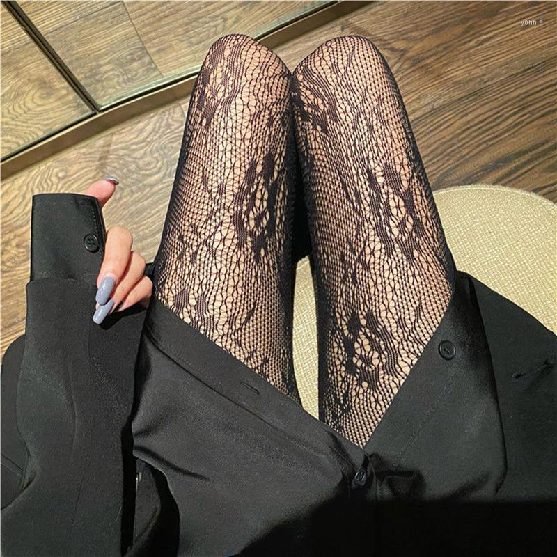 

Women Socks Lolita Hollowed Out Lace Mesh Stockings Bottomed Pantyhose Japanese Retro Floral Rattan White Stocking Classic Tights, Black