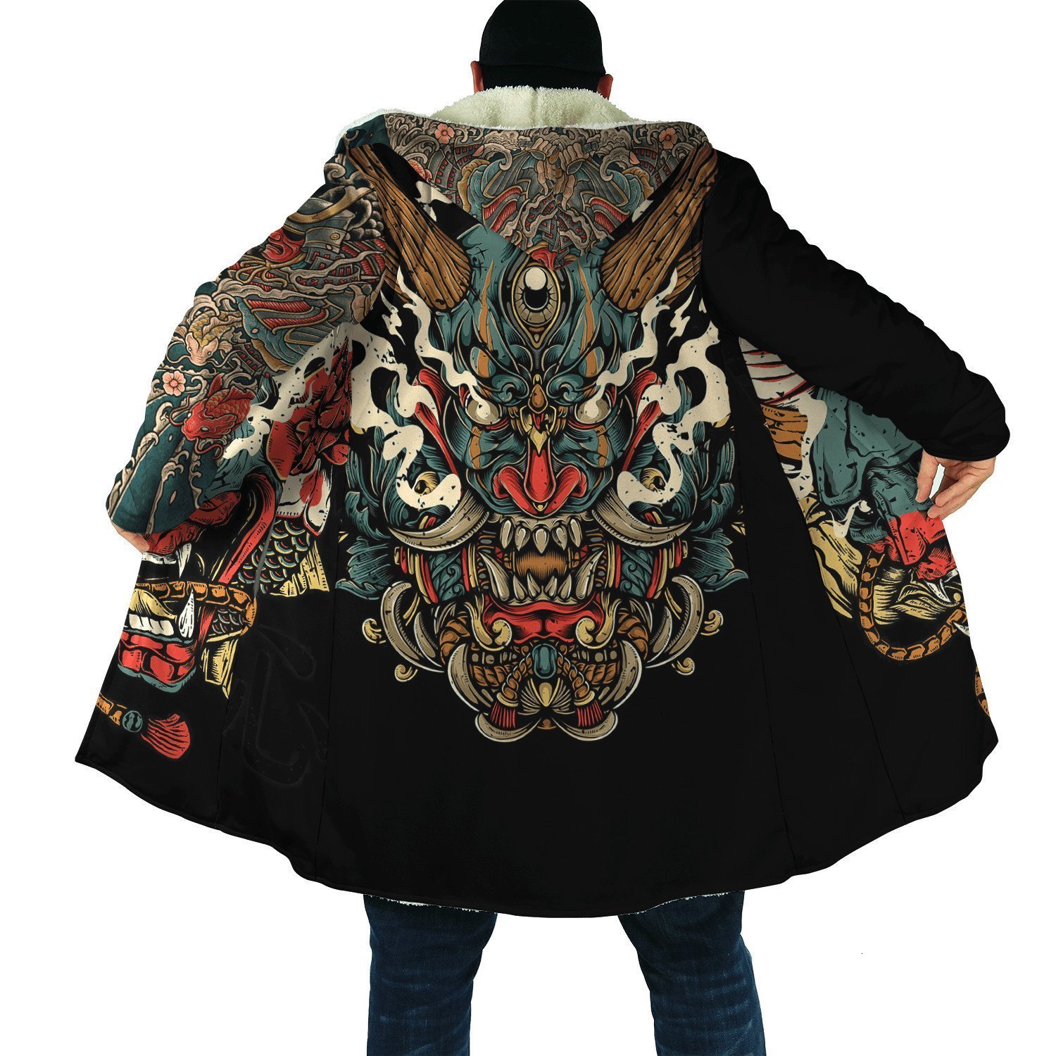 

Men' Wool Blends Drop Winter Mens Cloak Samurai Oni Mask Tattoo 3D Printing Fleece Hooded cloak Unisex Casual Thick Warm Cape coat PF31 230225, Beige