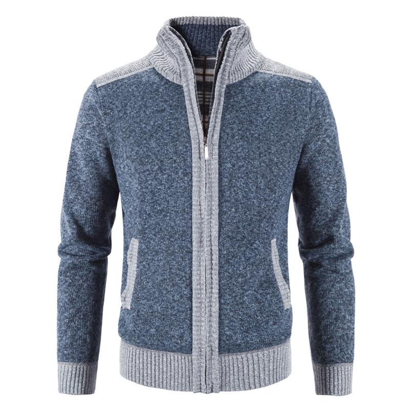 

Men's Sweaters Autumn Winter Knit Jacket Block Stand Collar Long Sleeve Zipper Cardigan Coat Warm Outerwear, Coffee