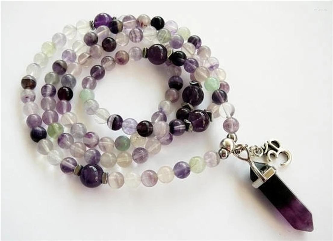 

Pendant Necklaces Rainbow Fluorite And Obsidian Beaded Mala Meditation Yoga Energy 108 Beads Om Charm Gift Jewelry