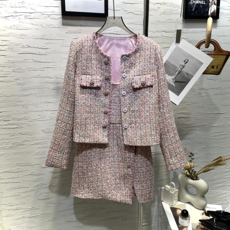 

Work Dresses 2023 Women' Fashion Suit Jacket Tweed Square Collar Sling Skirt 2-piece Set 0206