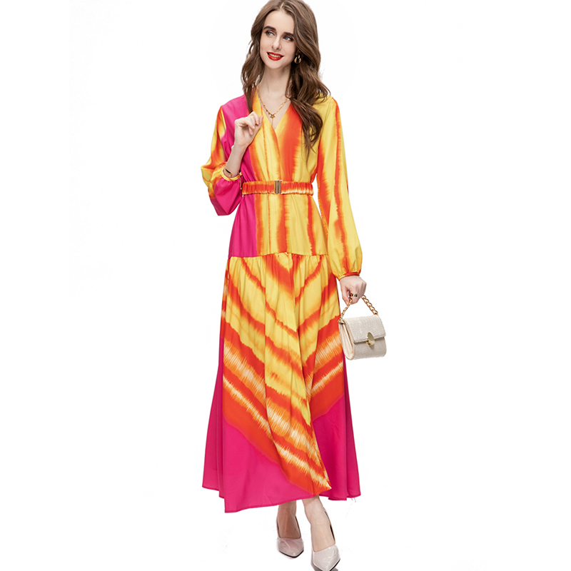 

Women's Runway Dresses Sexy V Neck Long Sleeves Printed Elegant Party Prom with Belt, Multi