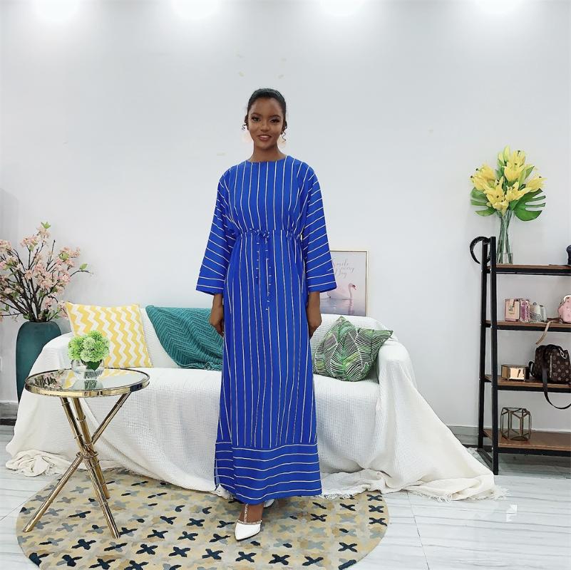 

Casual Dresses 2023 Autumn Long Sleeve Strip Printed Loose Maxi Dress Femme Belted Muslim Turkey Dubai Arabic Clothing -2XL, Blue