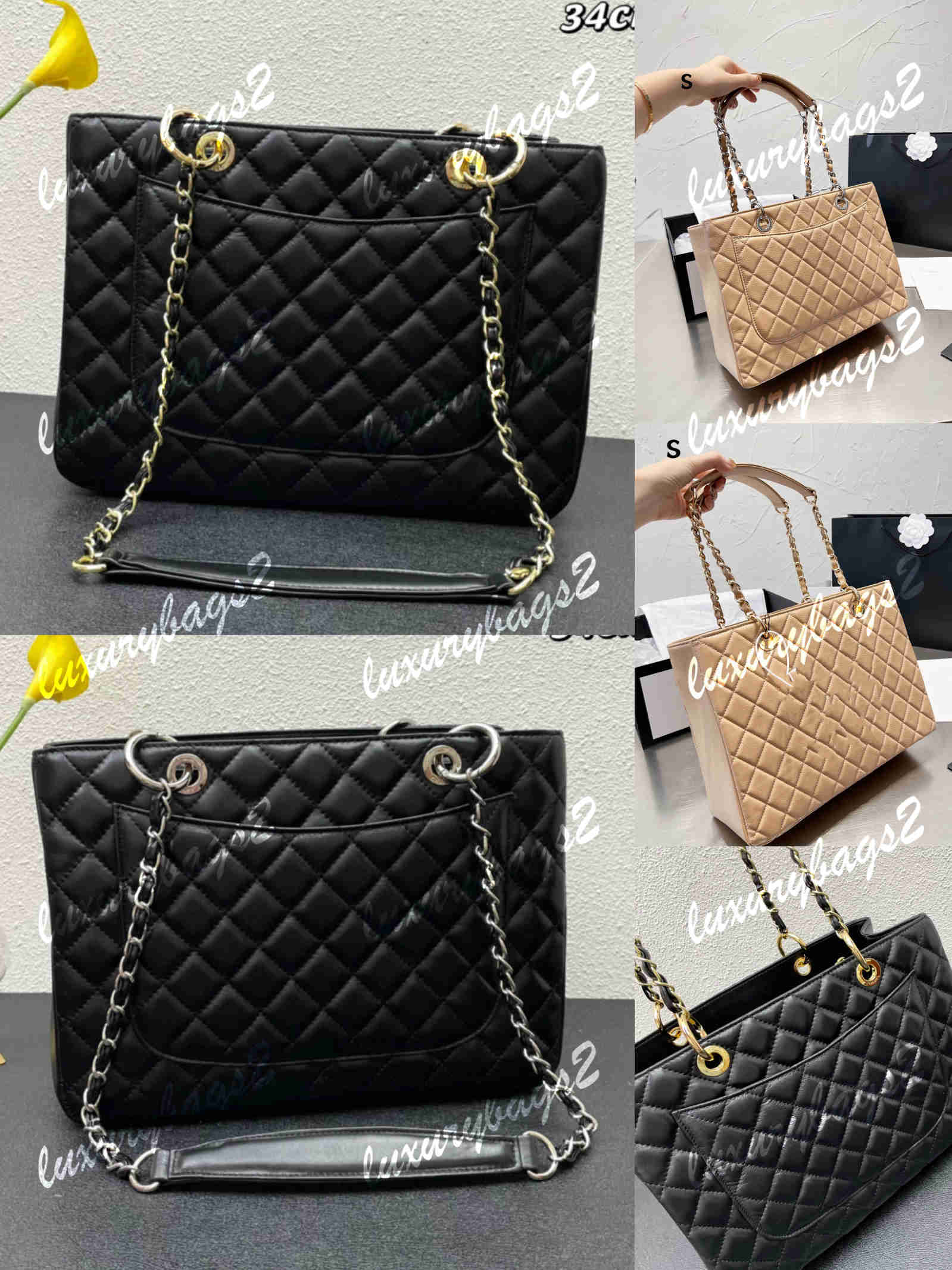 

Large Totes Bag GST Tote Handbag Womens Chain Bags Women Handbags Caviar Sheepskin Genuine Leather 3 Colors Quilted 34cm Gold Silver Hardware Shopping Bag, Black--gold hardware