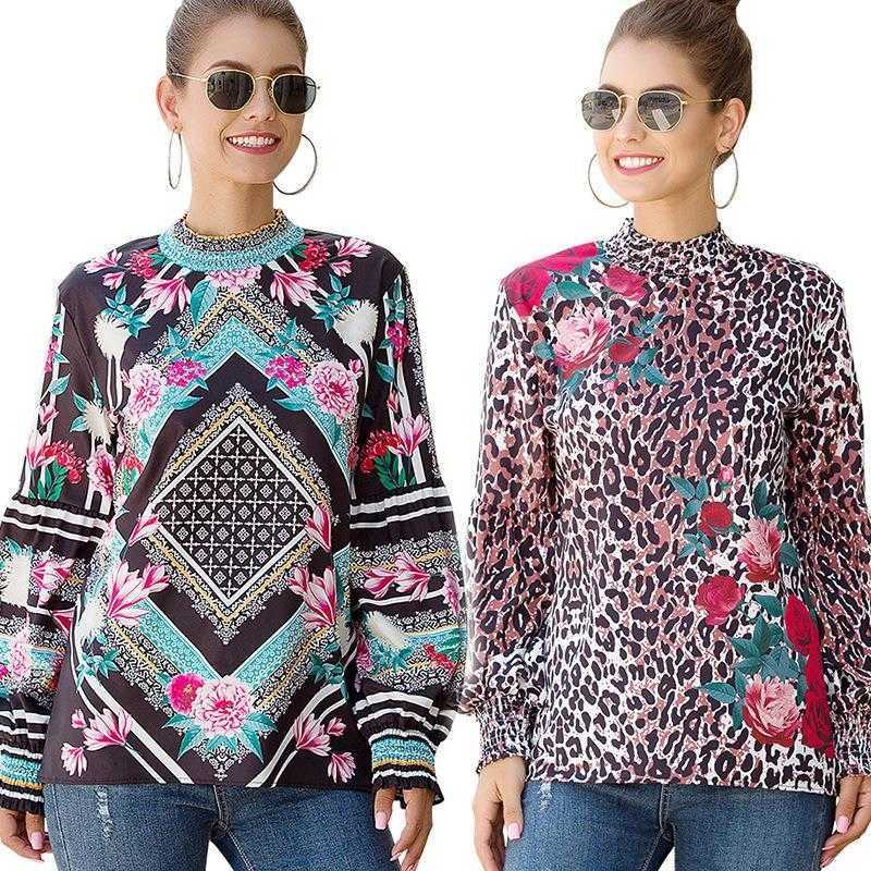 

Design Womens Shirt Printed Stand Up Collar Puff Sleeve Long, Flowers and plants