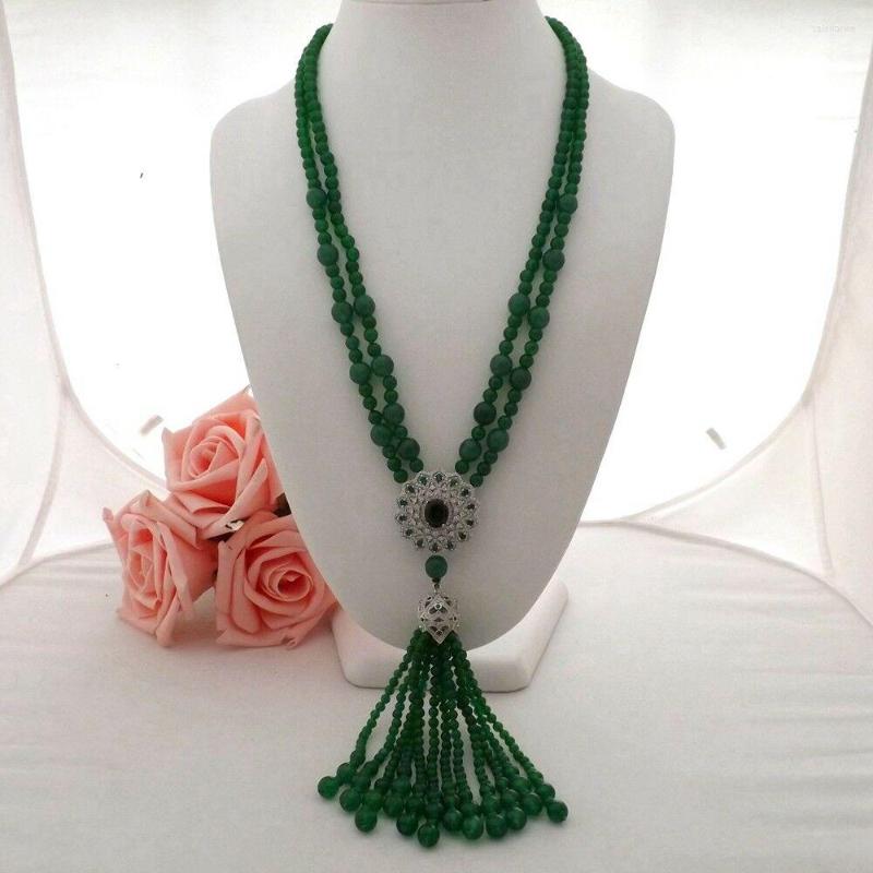 

Chains 25''-26" 2 Strands Green Jade Necklace CZ Pave Pendant