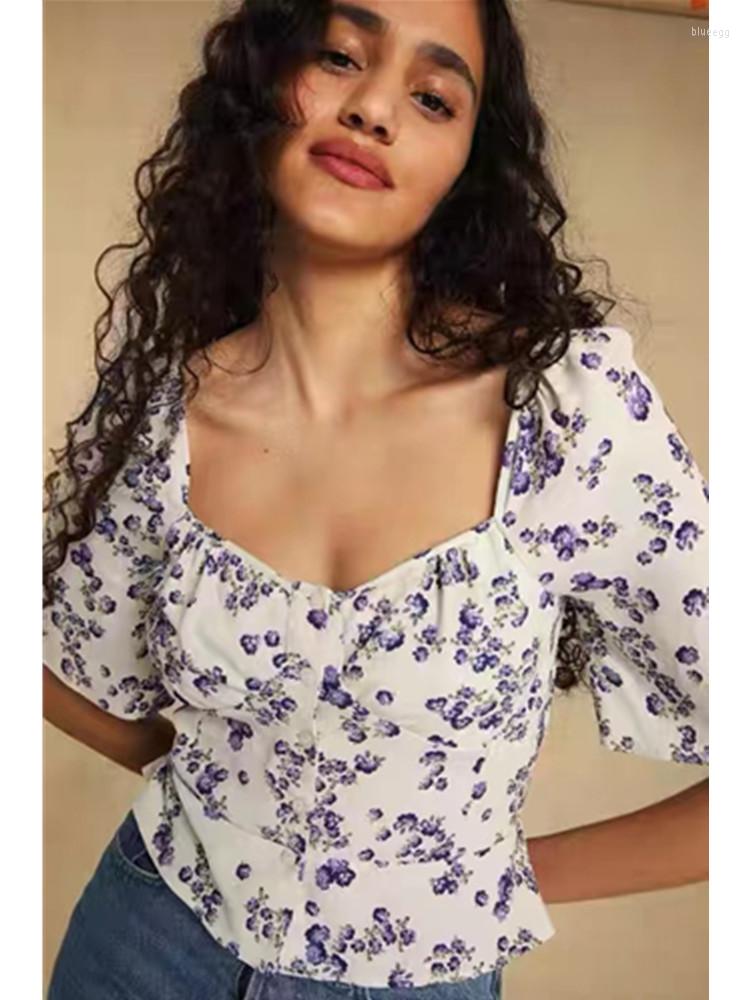 

Women's Blouses Summer 2023 French Pastoral Floral Print Square Neck Short Sleeve Slim Fit Shirt Top, Purple