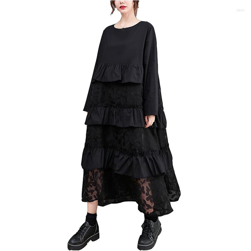 

Casual Dresses Autumn Women Solid Color Female 2023 Large Size Medium Length Fashion Loose Mesh Stitching Dress NBH491, Black