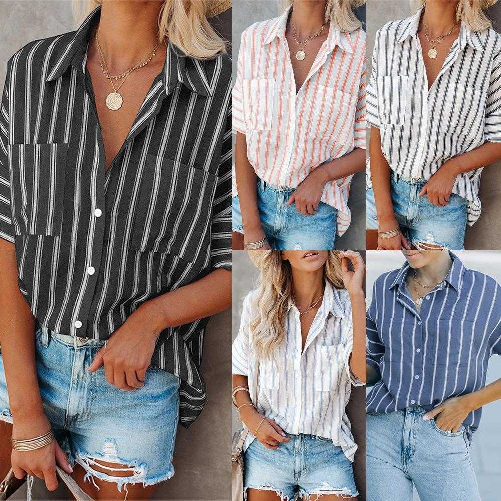 

Summer Striped Lapel Blouses Short Sleeved Cardigan Single Breasted Casual, Flower type 2