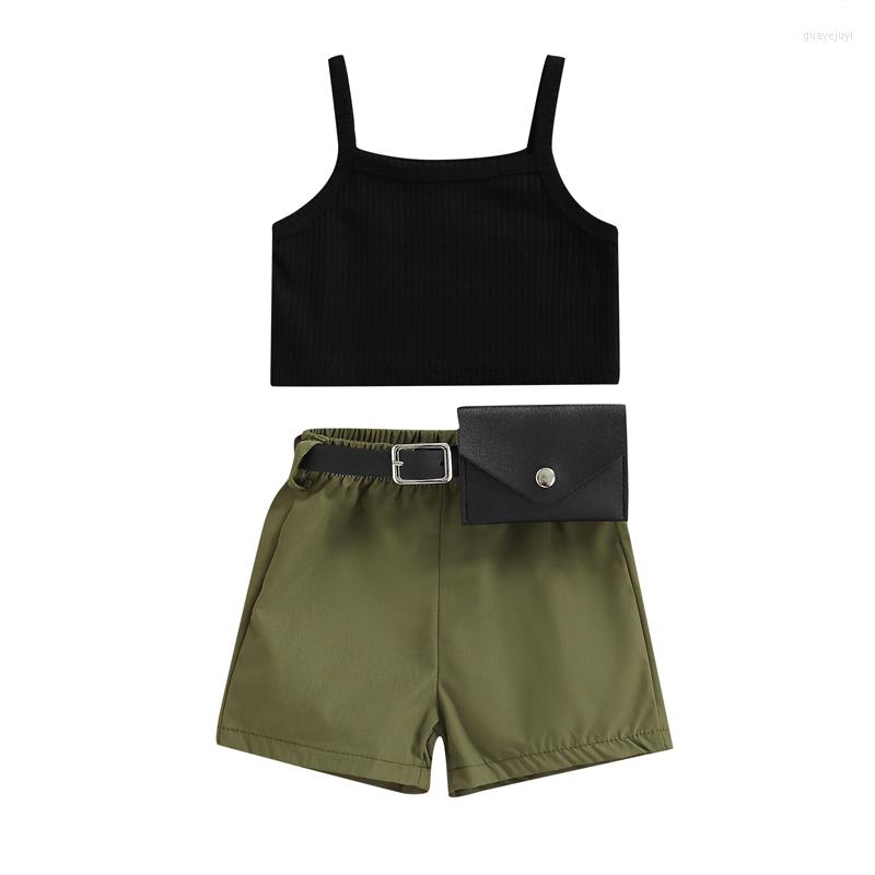 

Clothing Sets 3PCS Baby Girls Summer Clothes Outfit Fashion Spaghetti Strap Sleeveless Ribbed Vest Shorts Waist Bag Suit For Toddler, Green