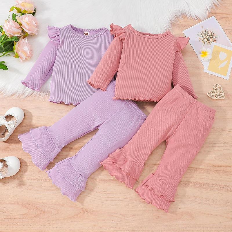 

Clothing Sets Spring Autumn Kid Baby Girl Clothes Set Fashion Toddle Solid Ribbed Long Sleeve Crew Neck Tops Elastic Waist Flare Trousers, Pink
