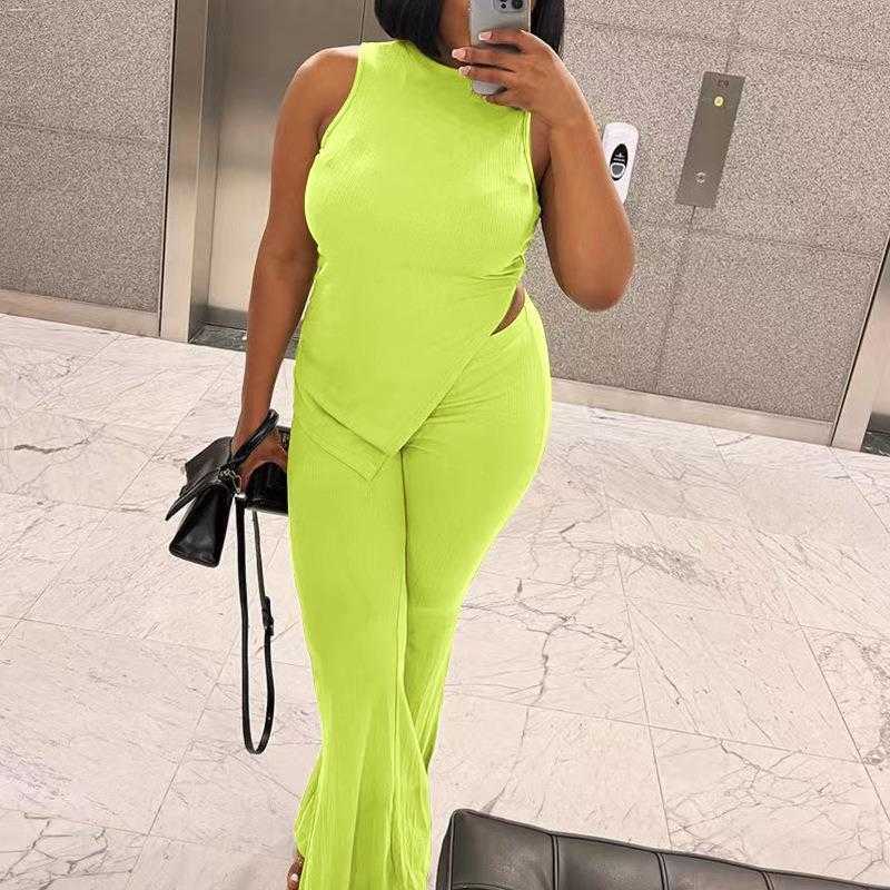 

Suit Solid Color Temperament Commute Pants Sleeveless Vest Slit Fashion Casual, Orange