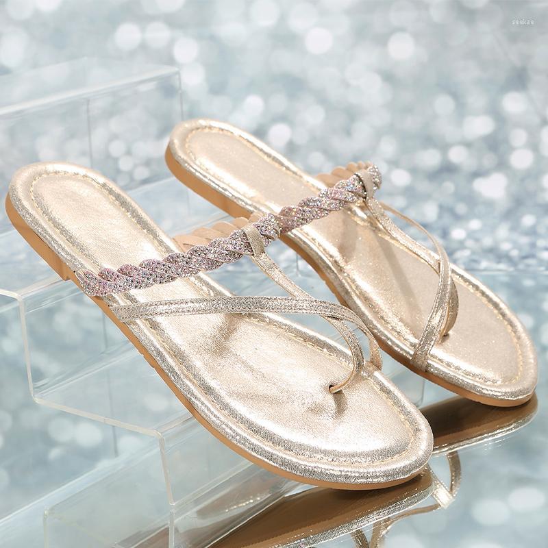 

Slippers Summer Flats Crystal Women Shoes Slingbacks Sandals 2023 Causal Designer Flip Flops Dress Slides Mujer Zapatillas, Gold