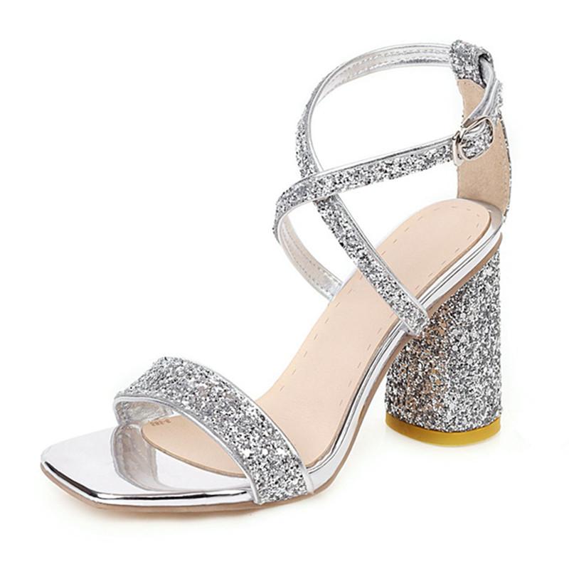 

Dress Shoes Open Toe Woman Summer Silver Gold Snake Print Buckle Strap Block High Heels Women Sandals Bling Sequin Wedding, Golden