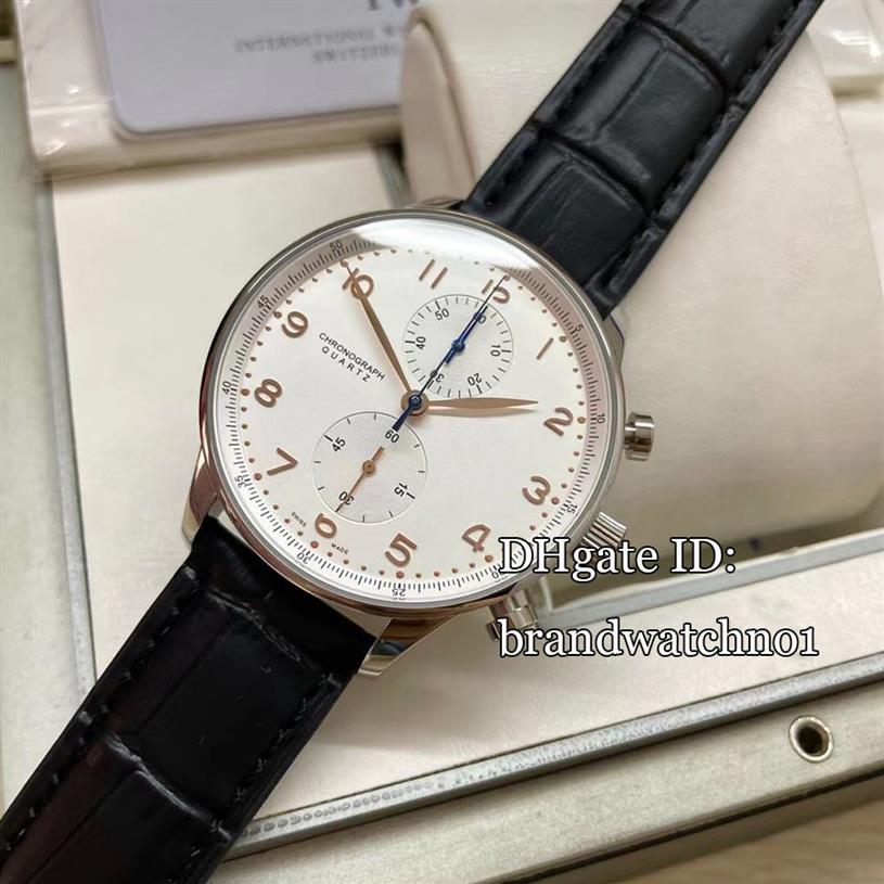 

4 style High quality Watch 41MM Portugieser Chronograph vk Quartz Mens Watch 316L Steel Case 4 color Dial Leather Strap Gents Watc303s