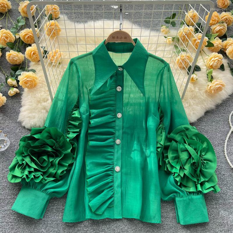 

Women's Blouses Ruffled Asymmetric Three-Dimensional Flowers Long Sleeve Shirt Women Fashion Rhinestones Single-Breasted Blouse Blusas