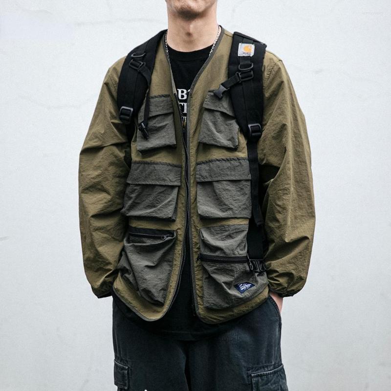 

Men's Jackets 2023 Fashion High Quality Functional Fishing Suit Tactical Multi Pocket Vest Collarless Work Jacket Harajuku Long Sleeves Men, Black