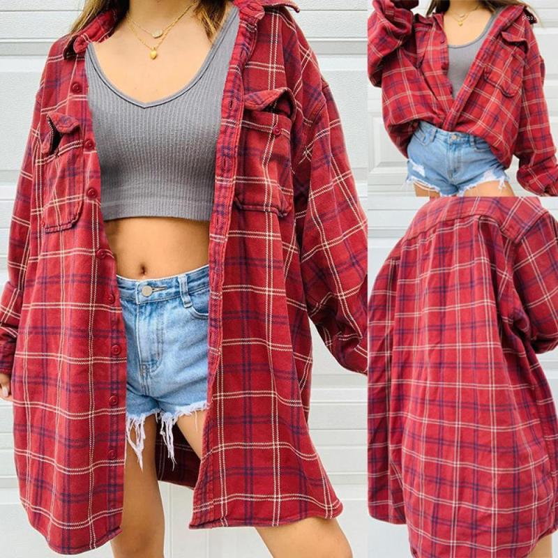 

Women' Blouses 2023 Summer Style Fashion Dress Casual Red Plaid Cardigan Autumn And Winter Long-Sleeved Mid-Length Jacket Su