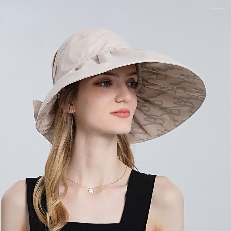 

Wide Brim Hats Women's Summer Sun Hat With Bow Double-sided Empty Top Outdoor Ladies Beach Foldable Fashion Print Bucket HatWide WidWide, Double sided khaki