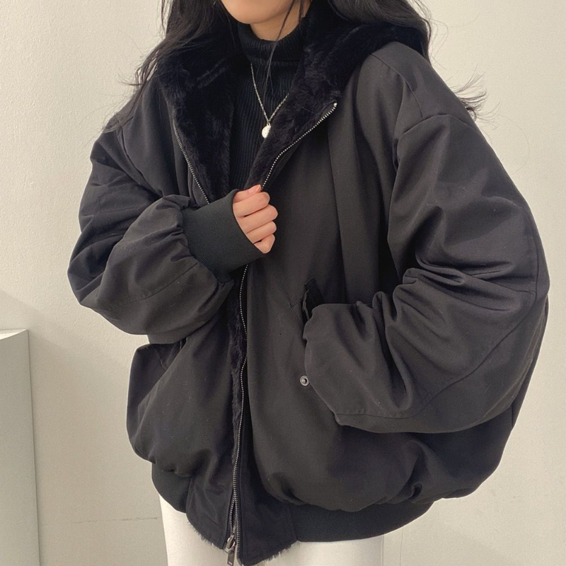 

Women s Jackets Korean style plus velvet thickened on both sides to wear lamb wool cotton clothing women s coat winter hooded jacket 230225, Black