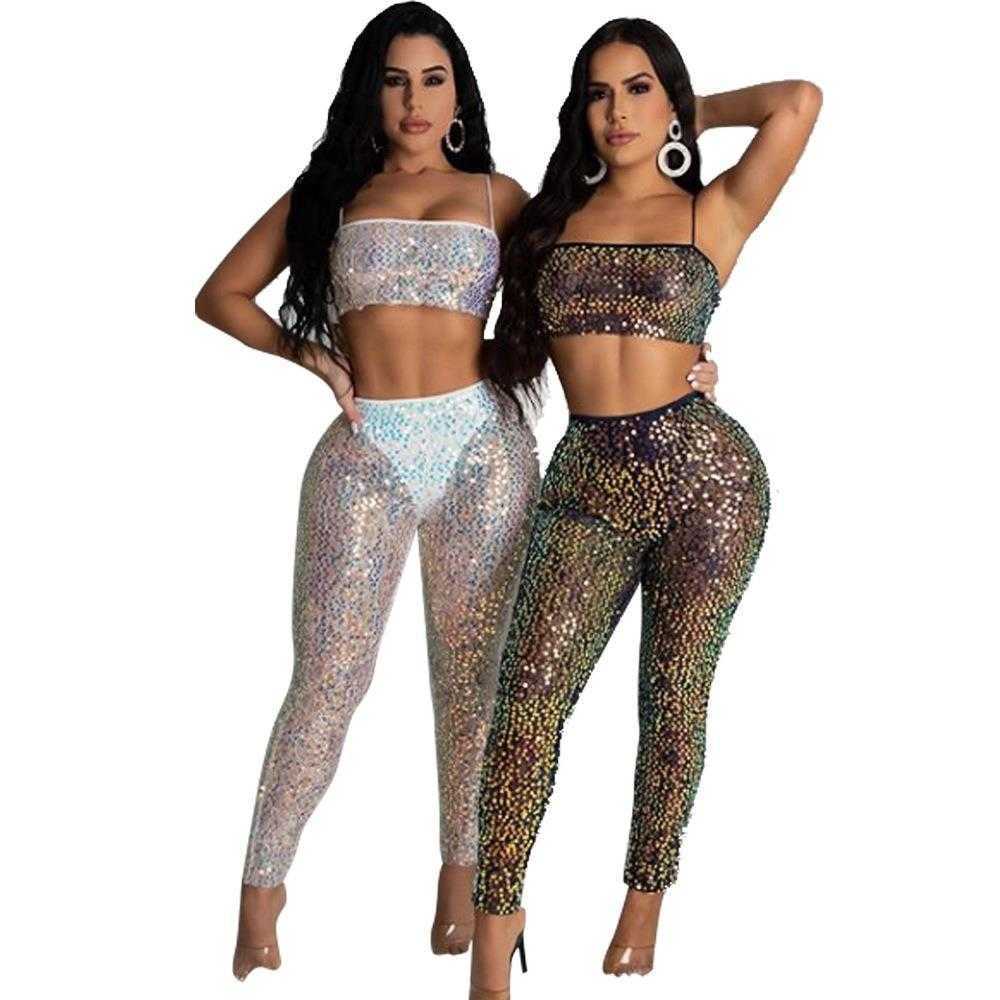 

Sexy Sling Short Top Pants Nightclub Party Sequin Model Two Piece Set For Women, Black2