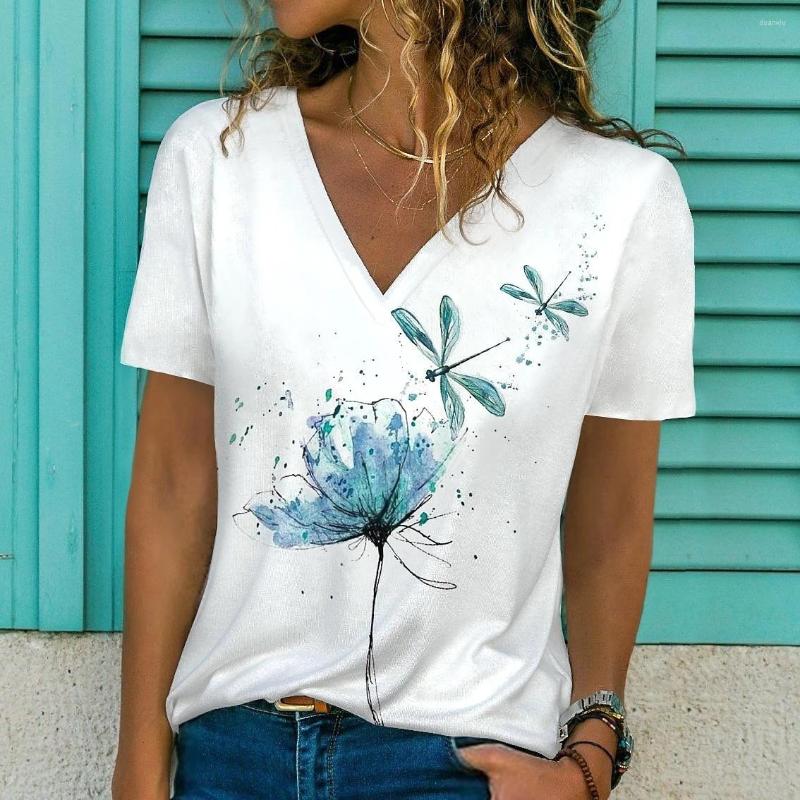 

Women's T Shirts 2023 Summer Women's 3D Printed Short Sleeve T-shirt Top V Neck Dragonfly Floral Sweatshirt Loose Casual Fashion, Vqthua-a1