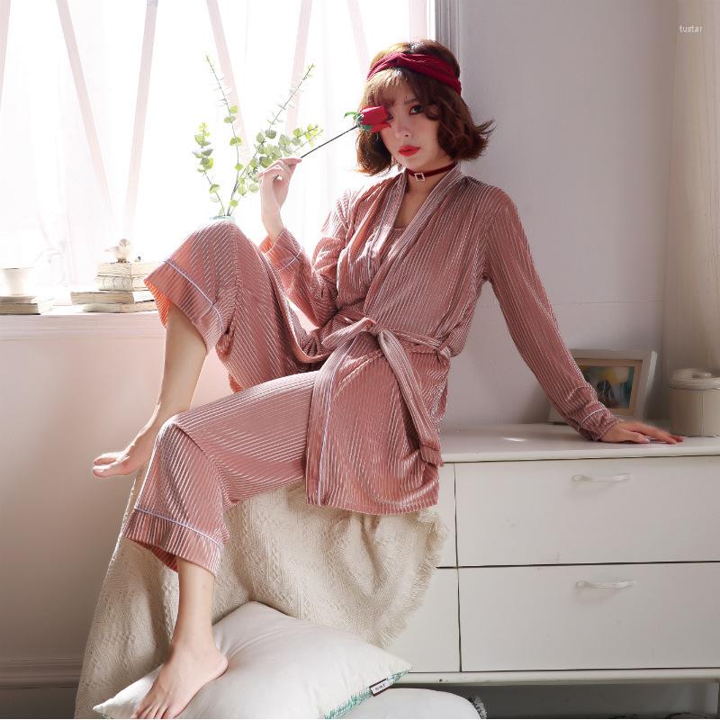 

Women's Sleepwear Pleuche Pajamas Women Solid Velvet Lace Up Robe Suits Camisole Pants 3pcs Sets Sleep Lounge Pijama Pyjamas Homewear, Green