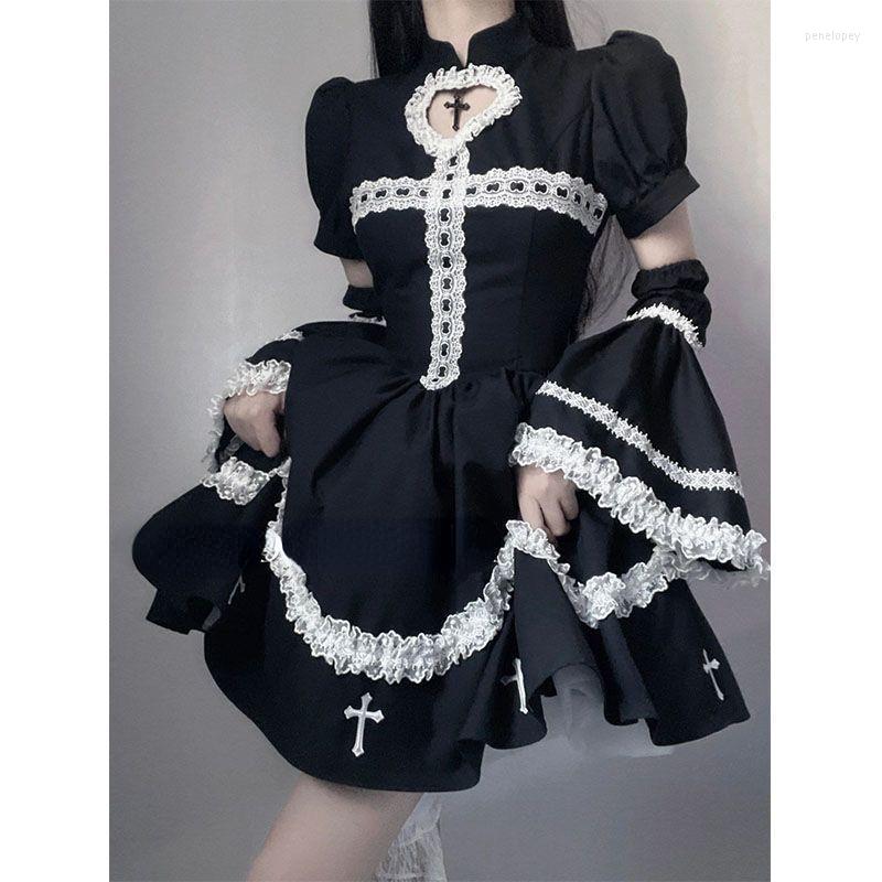 

Casual Dresses HEYDRESS Gothic Cosplay Lolita Kawaii Preppy Style Puff Sleeve Vestidos Japanese Lace Punk Hollow Out Ruffles Y2K Dress, Black