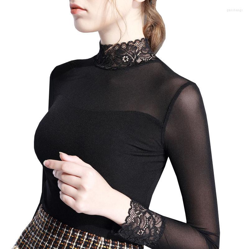 

Women' Blouses Fashion Turtleneck Stitching Slim Lace Blouse Shirt Plus Size Women Autumn Winter Female Long Sleeve Blusas Top DD2221, Black